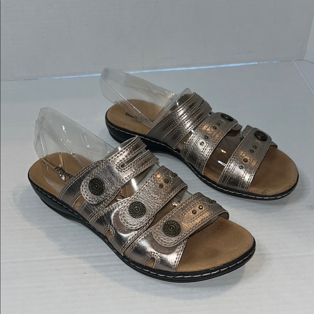Clark’s collection-8-gold metallic-Leisa Grace-leather,open toe, slide, sandals.
